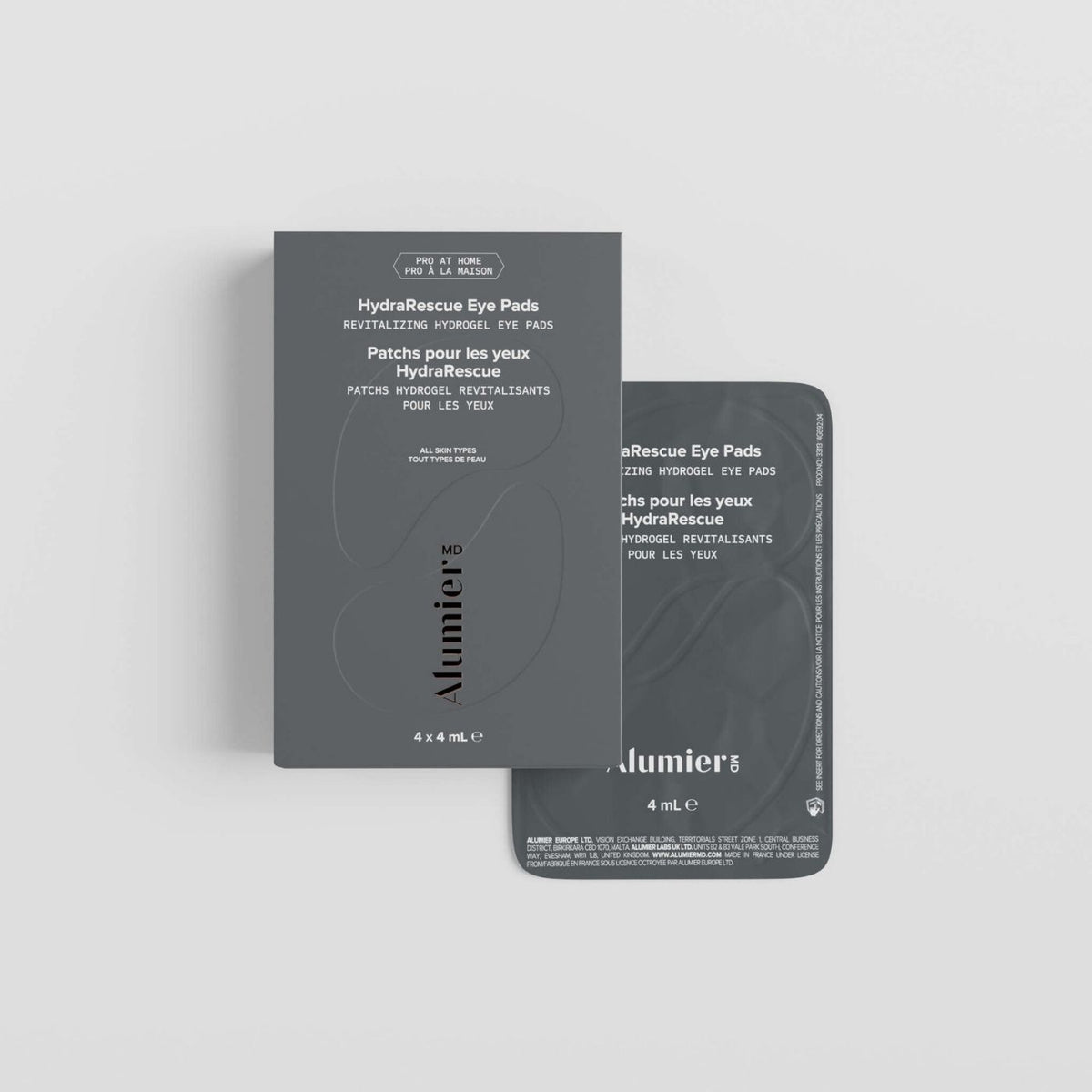 AlumierMD HydraRescue Eye Pads box and single 4 mL sachet