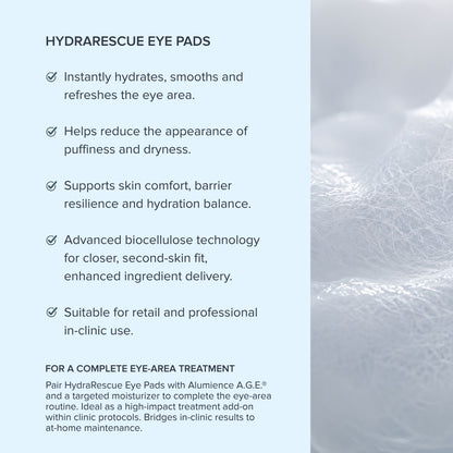 HydraRescue Eye Pads benefits: hydrates, smooths and refreshes the eye area and helps reduce the appearance of puffiness and dryness