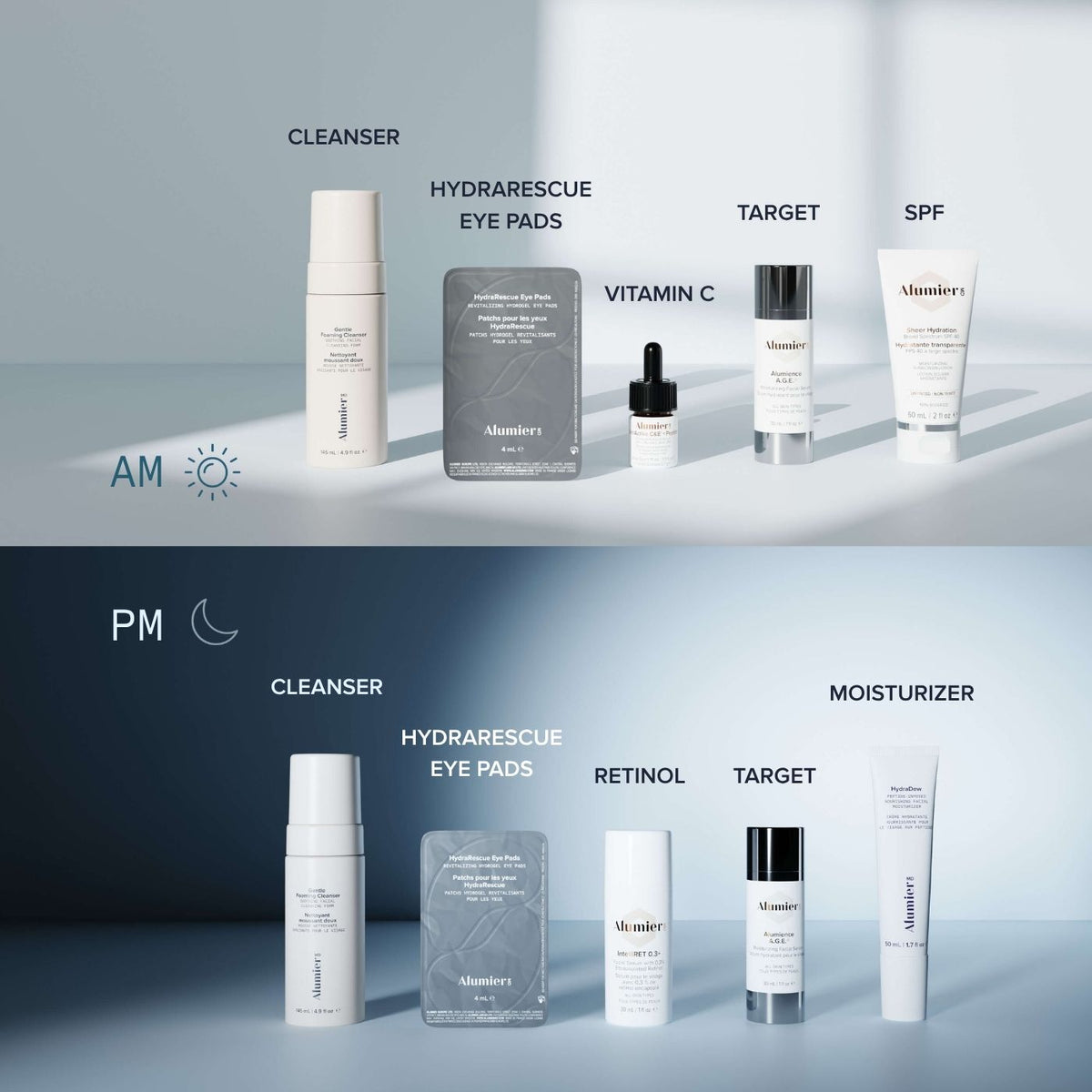 HydraRescue Eye Pads in an AlumierMD AM and PM routine with cleanser, vitamin C, retinol, targeted treatment, SPF and moisturizer