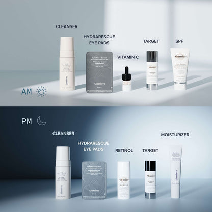 HydraRescue Eye Pads in an AlumierMD AM and PM routine with cleanser, vitamin C, retinol, targeted treatment, SPF and moisturizer